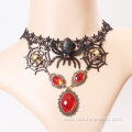 Spider skull charm choker Red stone pendant Lace Necklace